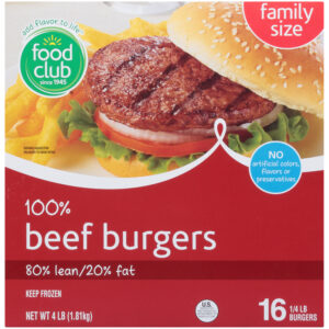 80% Lean/20% Fat 100% Beef Burgers