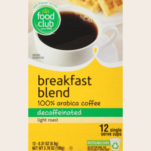 Food Club Breakfast Blend Decaffeinated Light Roast 100% Arabica Coffee 12 ea