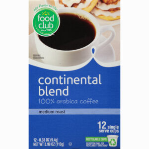 Food Club Single Serve Cups Medium Roast 100% Arabica Continental Blend Coffee 12 ea