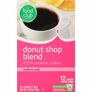 Food Club Single Serve Cups Medium Roast Donut Shop Blend Coffee 12 ea