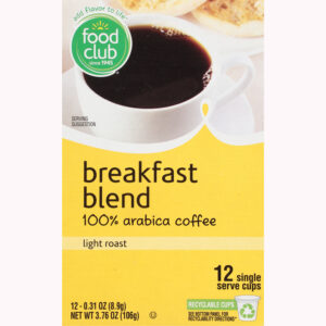 Food Club Single Serve Cups Light Roast 100% Arabica Breakfast Blend Coffee 12 ea
